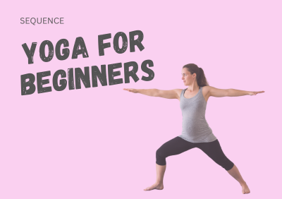 Woman does Warrior 2 with the words "Yoga for beginners" above her